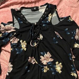Iz Byer Black Floral Cold Shoulder Blouse